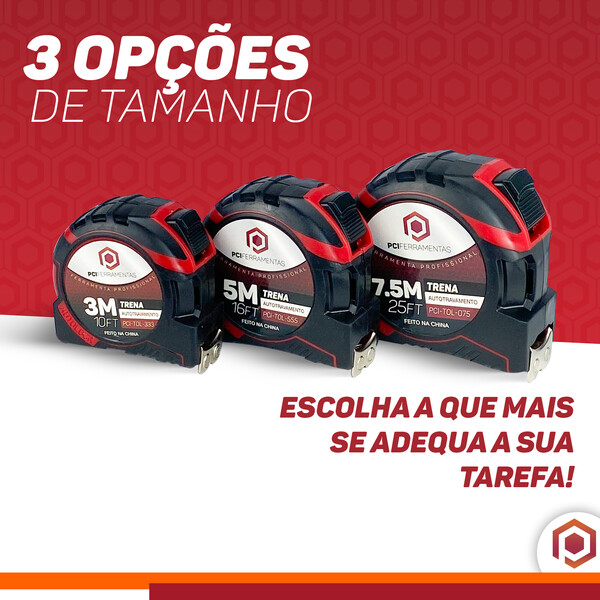 Trena Aço Fita Métrica Metal Emborrachada Auto Trava 3m 5m e 7,5m 25mm