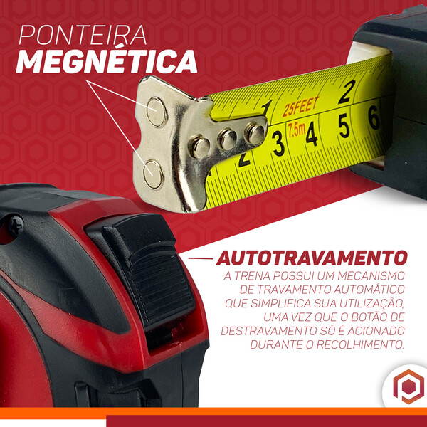 Trena Aço Fita Métrica Metal Emborrachada Auto Trava 3m 5m e 7,5m 25mm