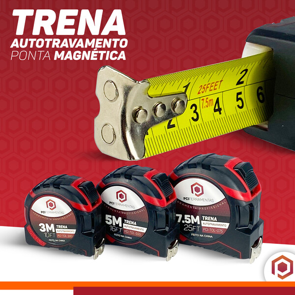 Trena Aço Fita Métrica Metal Emborrachada Auto Trava 3m 5m e 7,5m 25mm