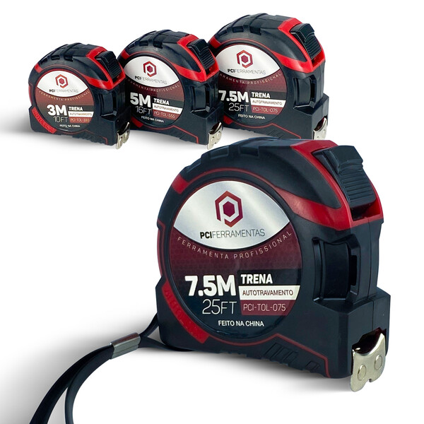 Trena Aço Fita Métrica Metal Emborrachada Auto Trava 3m 5m e 7,5m 25mm