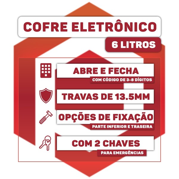 Cofre Eletrônico Digital Travas 13.5mm 3kg 6l Chave Seguro